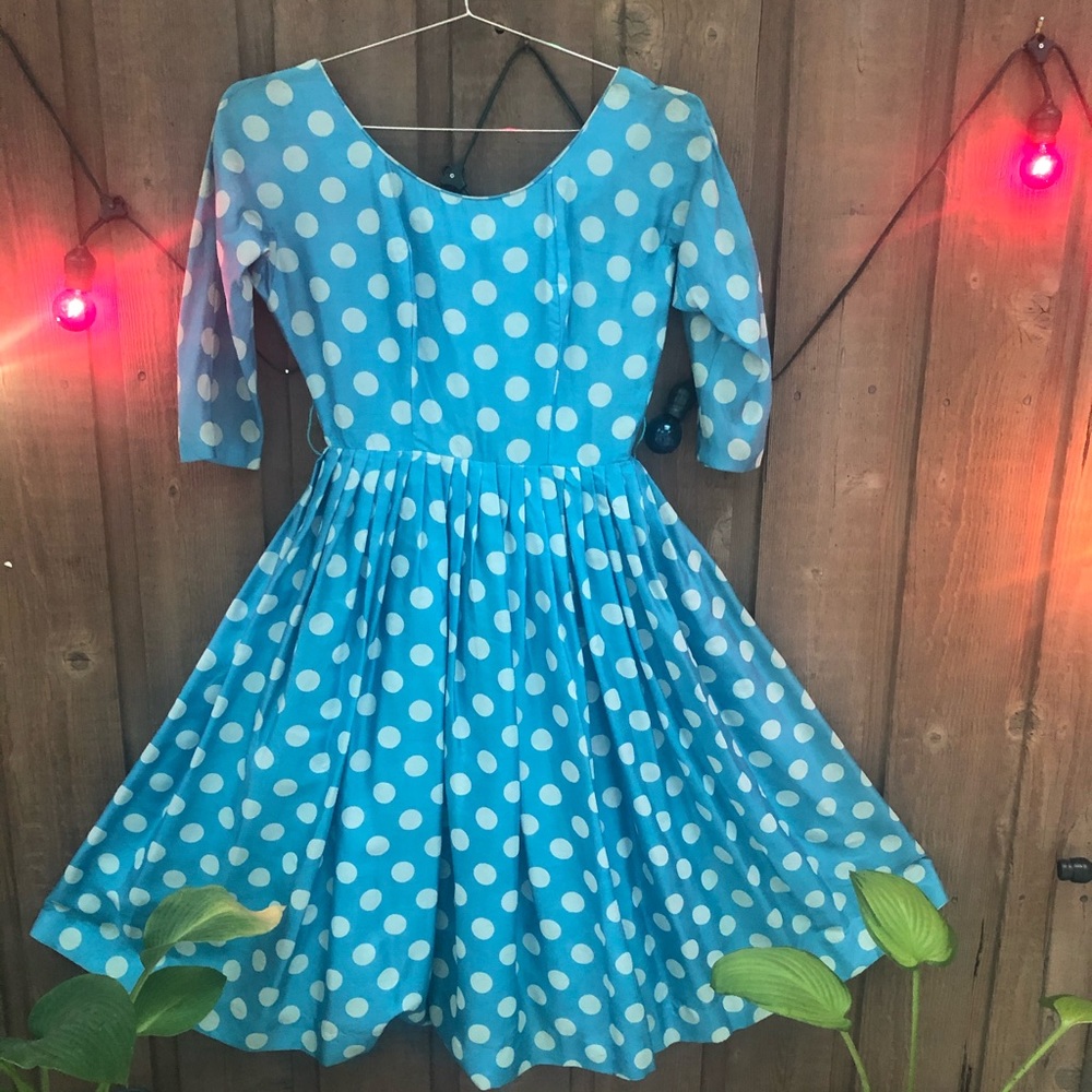 50’s Vintage Polka Dot  Blue Dress w/ Crinoline